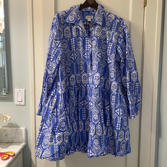 Maeve by Anthropologie XL Blue and White Geometric Long Sleeve Dress Bubble Hem - Picture 2 of 6